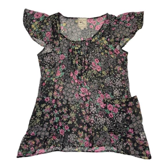 PINK ROSE Womens Sheer Boho Floral Top Large Black Multi Chiffon Slouch Pockets - Picture 16 of 16